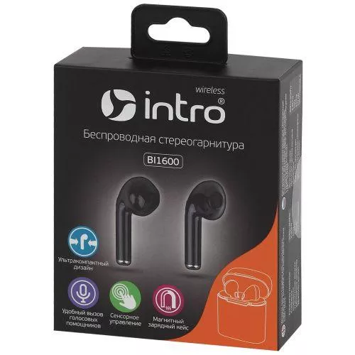 Гарнитура-Bluetooth BI1600 сенсорная ultra slim с зар. кейсом черн. Intro Б0044835
