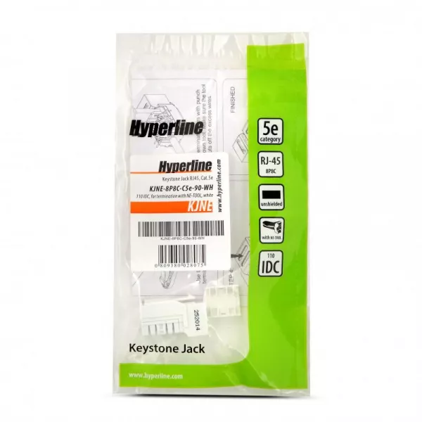 Вставка Keystone Jack RJ45 (8P8C) кат.5E 110 IDC KJNE-8P8C-C5e-90-WH заделка с помощью NE-TOOL бел. Hyperline 46653