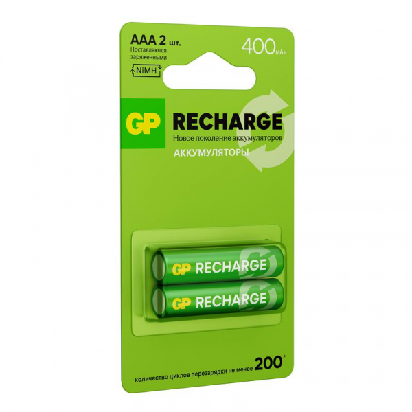 Аккумулятор AAA/HR03 RECHARGE 1.2В 400мА.ч 40AAAHCV-2CRSBC2 16/96 (блист.2шт) GP 20250